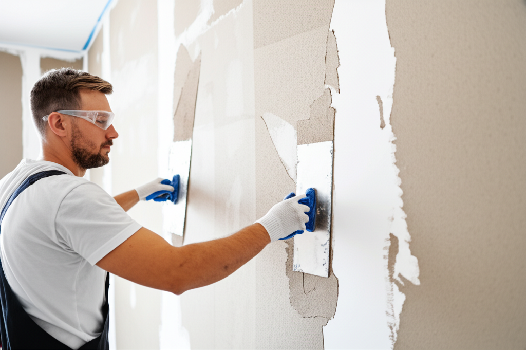 Worker applying texture to wall