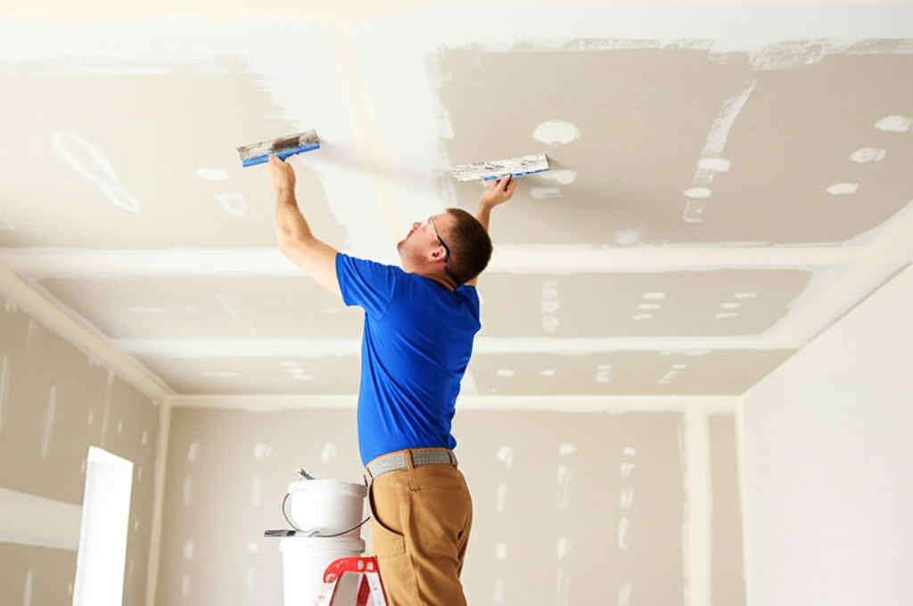 Worker repairing ceiling